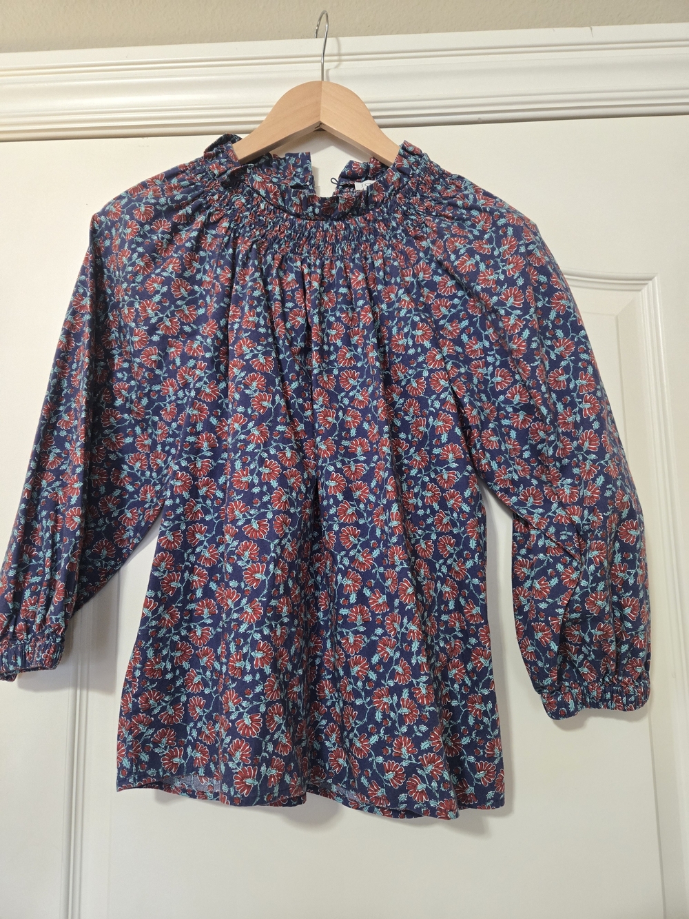 J. Crew Navy Floral Smocked-Neck Long Sleeve Blouse Cotton